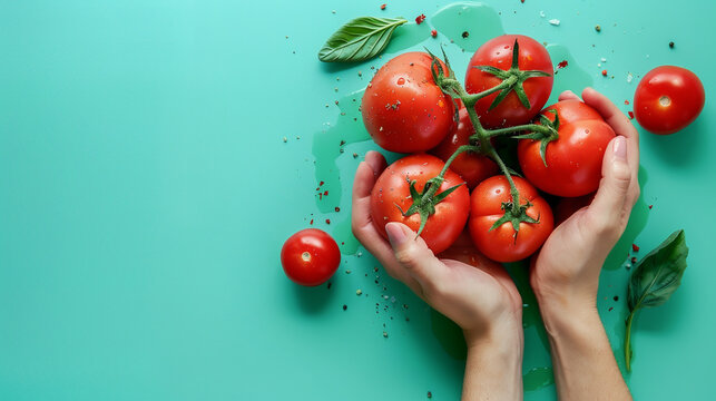 Image features a hand holding a juicy red tomato on a calming pastel green background. Ideal for promoting events, products, or recipes with a fresh.