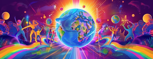 A group of diverse people dancing and celebrating around the world