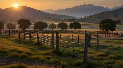 Obraz premium Picturesque landscape, fenced ranch at sunrise.A field of grass and cows in College Station, Brazos county is illustrated with a tractor resting beside a large tree in this Texas meadow as seen throug
