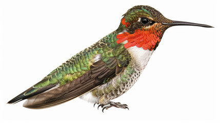 Fototapeta premium Vivid Close-Up Portrait of a Male Ruby-Throated Hummingbird Isolated on White