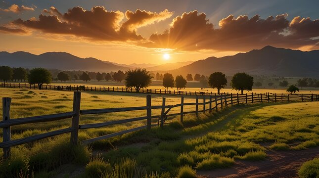 Picturesque landscape, fenced ranch at sunrise.A field of grass and cows in College Station, Brazos county is illustrated with a tractor resting beside a large tree in this Texas meadow as seen throug