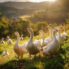 Obraz premium Pastoral Peace: A Sunlit Scene of Geese Grazing in a Rural Field