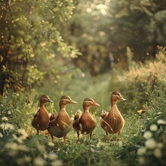 Three Ducks in a Pastoral Setting, with Blurred Background