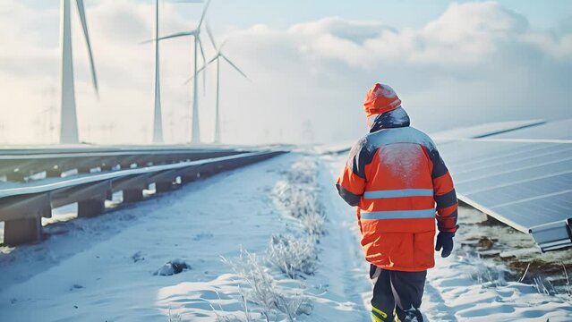 A construction worker walks through a solar field covered in snow. Wind turbines for power production	