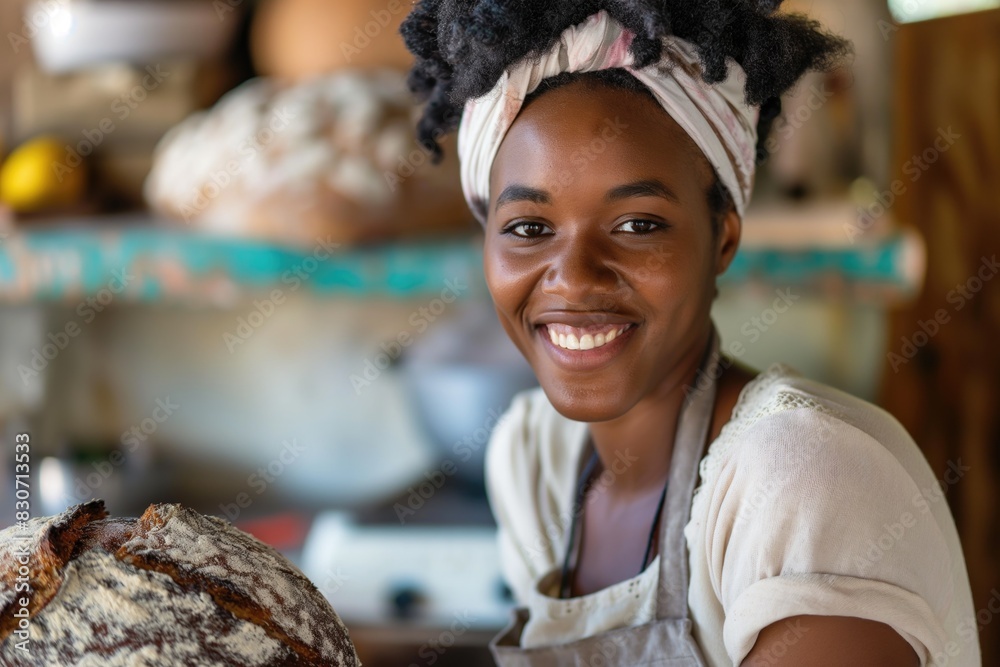 Wall mural Young african american woman baking bread smiling to camera with copyspace backgound