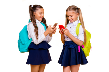 Profile side view photo of two happy and focused small girls in skirts isolated on bright yellow background with smartphones in their hands read interesting news