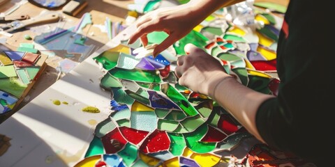 Hands of an artisan arranging colorful pieces of glass to create a mosaic. The workspace is filled with vibrant glass shards, tools, and materials, capturing the creative process