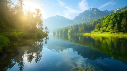 Obraz premium Serene Lake Surrounded by Lush Forest Tranquil Mountain Landscape