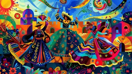Dynamic reinterpretation of Latin American festivities with vibrant colors