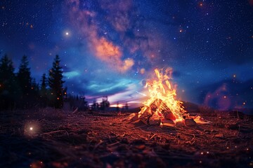 Wilderness Exploration: Camp Fire, Nature, Stars Photo Composite