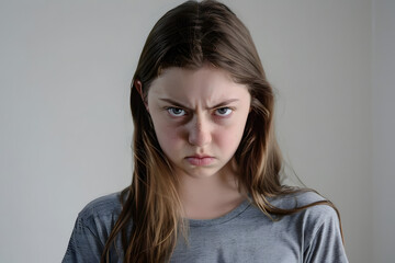 Fototapeta premium teenage girl with an angry and defiant expression in front of white backdrop. generative ai