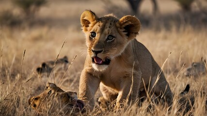 Fototapeta premium Highlighting the Importance of Preserving Lion Habitats to Ensure the Survival of Playful Cub Populations