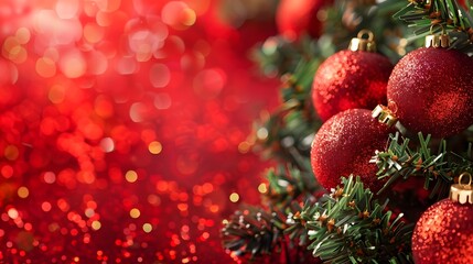 Christmas red glittery baubles balls on blurred red background