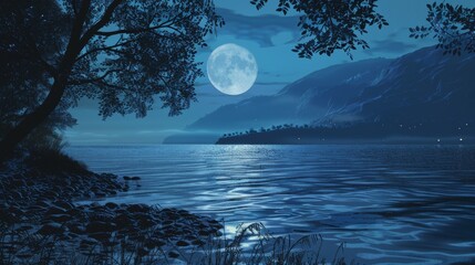 Moonlit Mirage by the Shores of the Mystic Azure Lake background, ai generated
