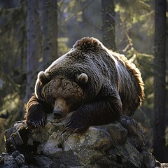 Grizzly Bear Resting atop Rocky Outcrop in Forested Area
