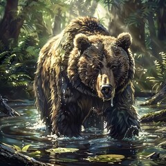 Majestic Grizzly Bear Exploring a Wild Forest Riverbank