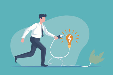 Businessman connecting power cord to continue business, symbolizing energy recharge and overcoming work difficulties for business continuity.