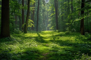 Obraz premium Sunlight filters through a lush, green forest creating a serene and peaceful atmosphere, perfect for nature and outdoor enthusiasts.