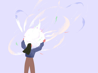 Magic mystical energy concept. Woman holding light orb, wonder sphere. Surreal power ball. Esoteric discovery, insight, mystery, dream in hands. Abstract psychology concept. Flat vector illustration