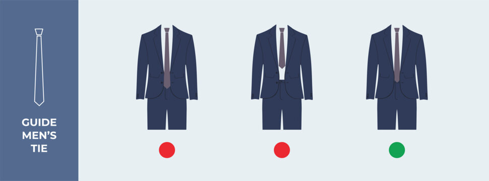 Men's suits. Ideal length for a tie. Correct Tie Length. Tie your tie correctly. Colored flat vector illustration. Isolated. Business suits. Gentleman's outfit.
