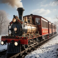 Naklejka premium A Steam Train Chugging Through a Snow Covered Forest