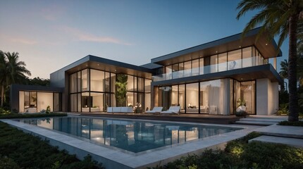 Fototapeta premium A stunningly sleek and contemporary modern villa, exuding sophistication and luxury with its clean lines and cutting-edge architectural design