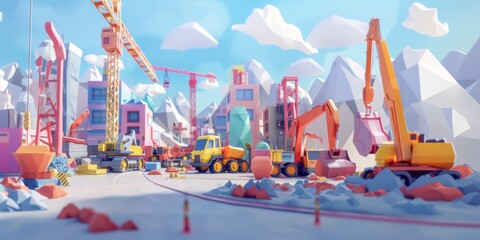 Industrial construction site rendered in 3D low poly style with cartoon characters, machinery, and buildings.Geometric forms with an industrial theme