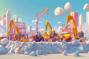 Naklejka premium 3D low poly rendering of a construction site featuring cartoon characters operating machinery and building structure.Industrial environment with simplified geometric forms and vibrant colors