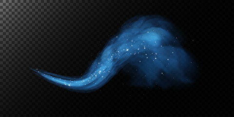 Fantastic smoke background. Blue magic smoke with glitter and small particles of twinkling stars, fog with glowing particles, multicolored steam with stardust. Vector illustration.  © andreu1990
