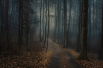 Naklejka premium Enchanting Forest Pathway Amidst Misty Trees - Photo Composite