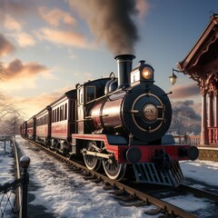 Naklejka premium A Steam Train Chugging Through a Snow Covered Forest