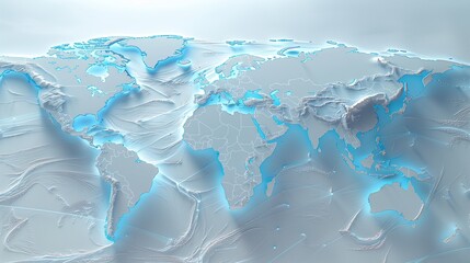 Elevated Continents on 3D World Map: A Subtle Blue and White Representation Ideal for Educational Geography, Design Projects, Travel Agencies, and Global Business Presentations