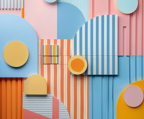 Vibrant Geometric Abstract Art with Stripes and Circles in Pastel Colors