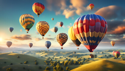 Obraz premium Aerial Symphony: Colorful Hot Air Balloons Soaring Across HDR Landscape