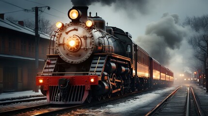 Naklejka premium A Steam Train Chugging Through a Snow Covered Forest