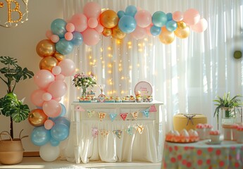 A joyful baby shower adorned with pastel-colored decorations, balloons, and adorable baby-themed items. The soft, welcoming colors create a cheerful atmosphere, with plenty of room for welcoming text.