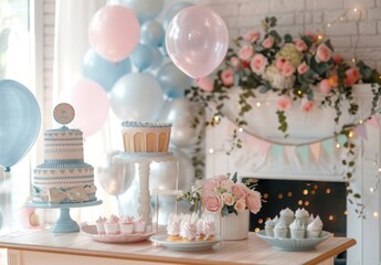 A joyful baby shower adorned with pastel-colored decorations, balloons, and adorable baby-themed items. The soft, welcoming colors create a cheerful atmosphere, with plenty of room for welcoming text.