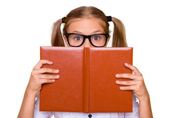 Half faced close up studio photo portrait of beautiful small little lovely clever shocked surprised...