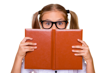 Half faced close up studio photo portrait of beautiful small little lovely clever shocked surprised glad frightened schoolkid closing face with book hold in hands isolated background
