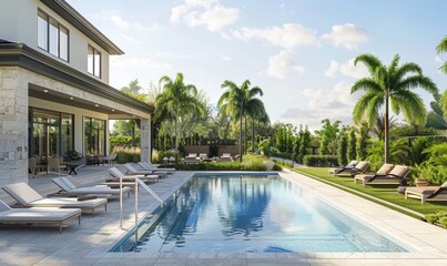 Spacious backyard with swimming pool. lounge chair and tropical landscapes