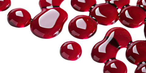 Glossy red droplets of liquid, resembling blood, against a transparent background. The droplets vary in size and shape, with reflections and highlights adding a realistic and detailed appearance.