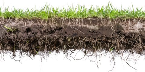 Cross-section of green grass turf with visible soil and roots. The image shows the intricate root system beneath the grass, highlighting the layers of earth and organic material.