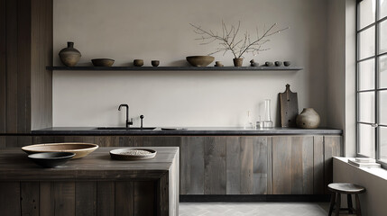 Modern kitchen interior with cabinets, counters, and essential utensils for cooking in Japandi Style