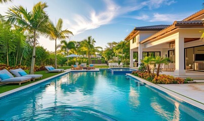 Fototapeta premium Spacious backyard with swimming pool. lounge chair and tropical landscapes