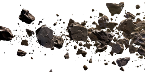 Flying asteroids of various sizes and shapes floating in space against a black background. The image features detailed textures and craters on the asteroids, perfect for themes related to space