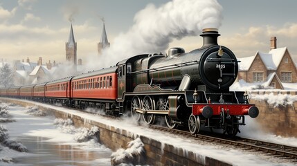 Fototapeta premium A Steam Train Chugging Through a Snow Covered Forest