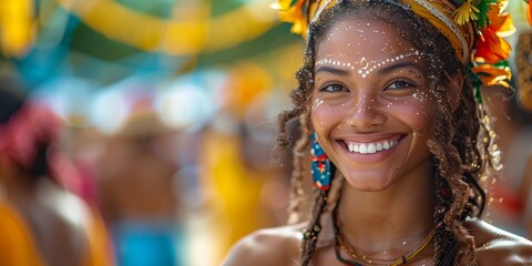 Obraz premium In a lively carnival parade, a Brazilian woman exudes sensuality in her colorful feathered costume.