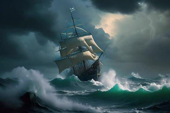 Antique Ship in Storm, Vintage Pirate Boat, Historical Sailboat, Generative AI Illustration