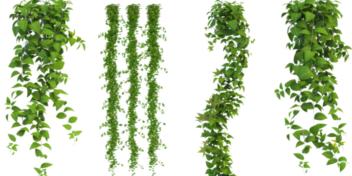 A set of green ivy and vine plants hanging down in various arrangements. The foliage is dense and vibrant, perfect for decorative purposes in gardening, interior design