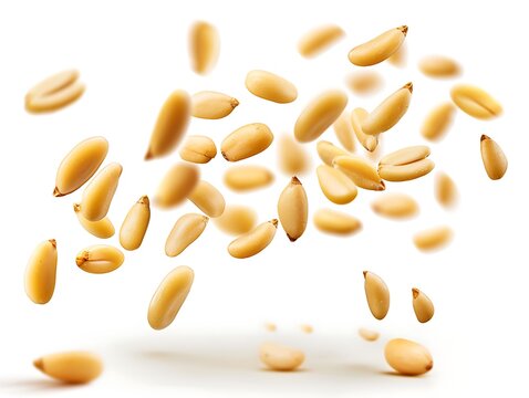 Flying delicious pine nuts against a white background